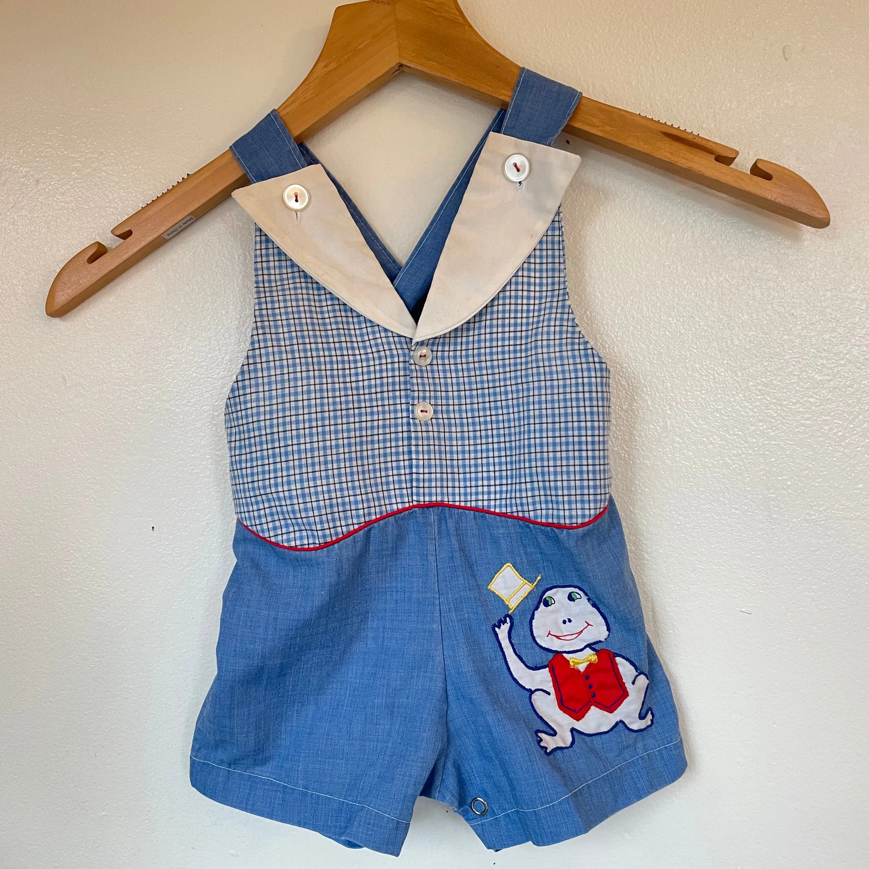 Vintage unisex baby overalls shortalls romper onesie with frog patch (HT2373)